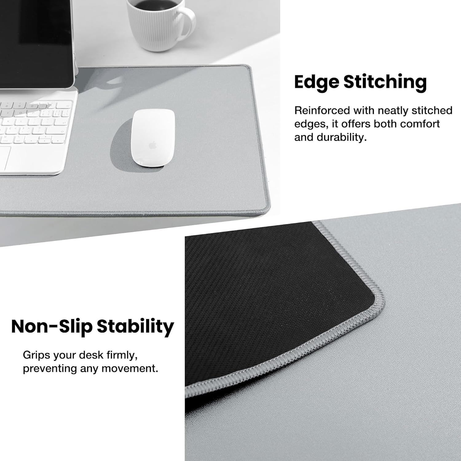 Non-Slip Extended Mouse Pad Office&Home Desk Mat Stitched Edge | Light Gray Waterproof Fabric Mousepad for Keyboard, Computer Game 35.43"X15.74"X0.12"